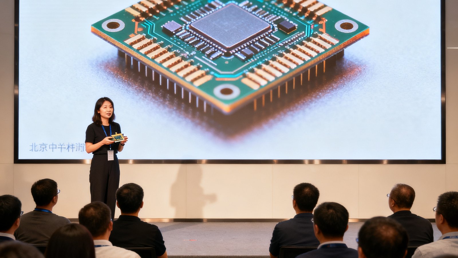 北京中关村一处路演大厅内，一位女性创始人正在舞台上演示其团队研发的量子传感芯片原型，大屏幕显示着实时的芯片显微结构图像，台下坐着多位专注倾听的投资人